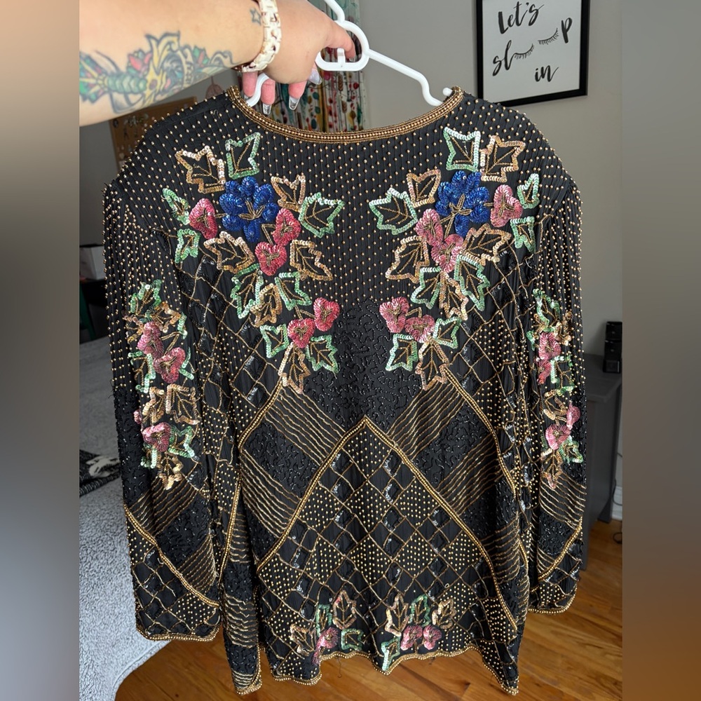 VINTAGE LAWRENCE KAZAR 100% SILK BEADED BLOUSE EUC SIZE 4X - Picture 2 of 3